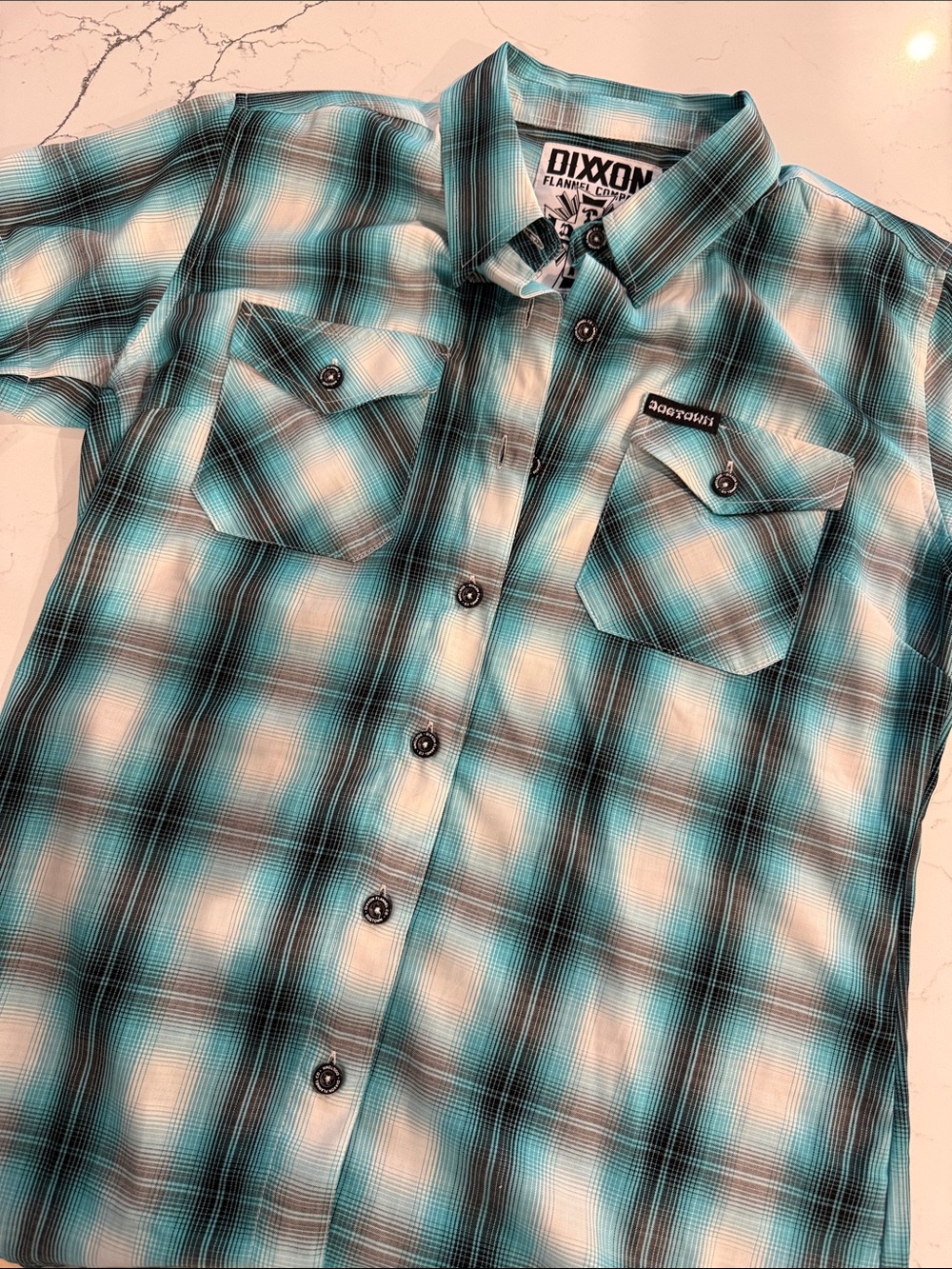 DIXXON Teal and White Plaid Casual Button-Down Shirt